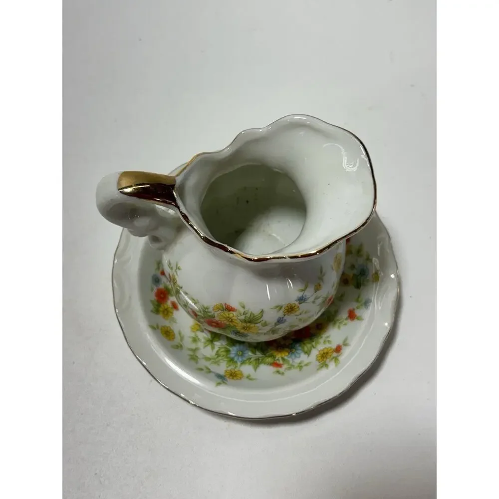 Vintage Lefton China Creamer w Saucer Hand Painted Floral Gold